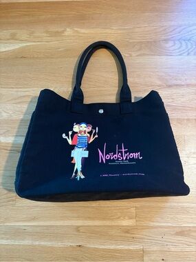Nordstrom Black Canvas Tote with Colorful Graphic and Pink Logo